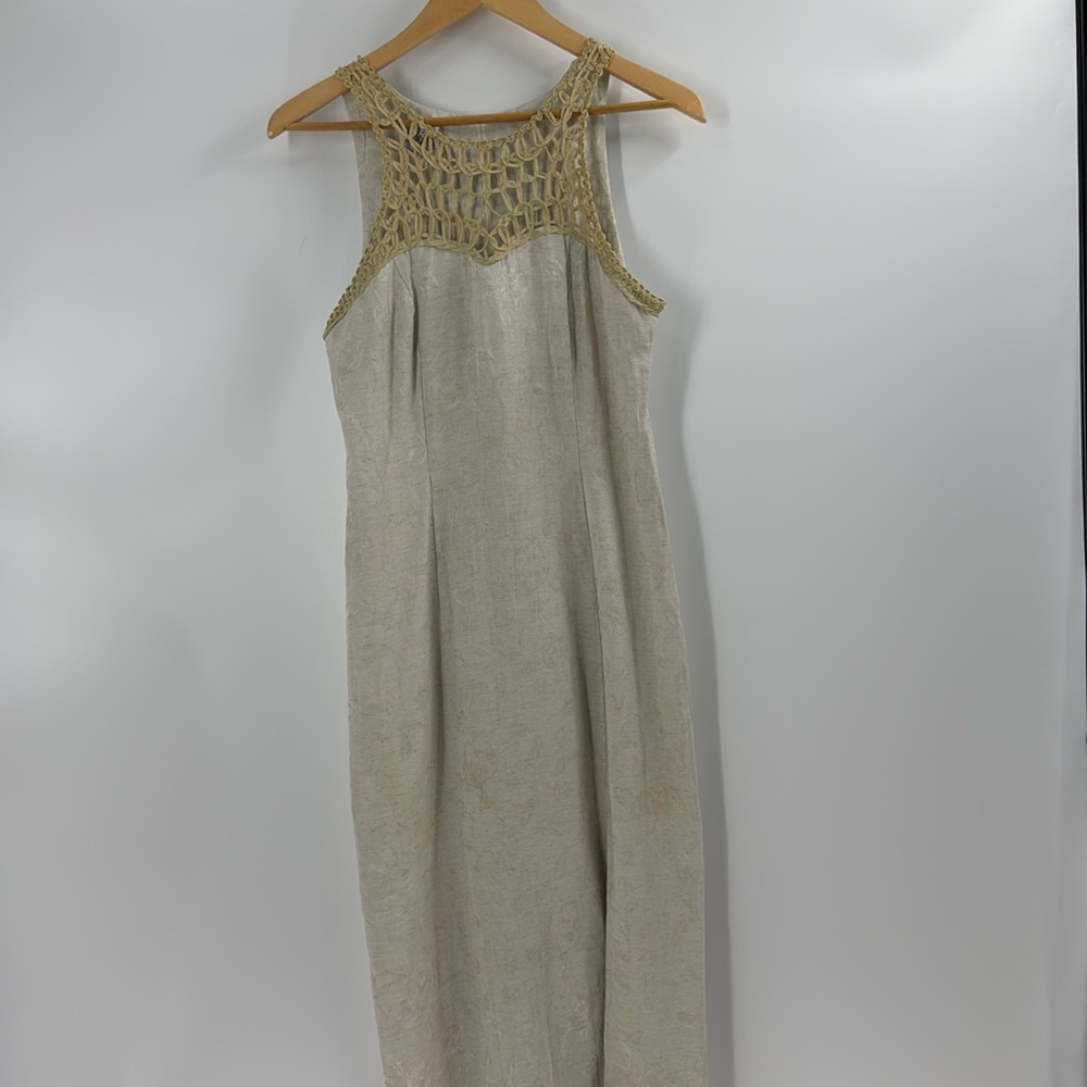 Vintage cotton beige neutral dress lace accent maxi spring summer